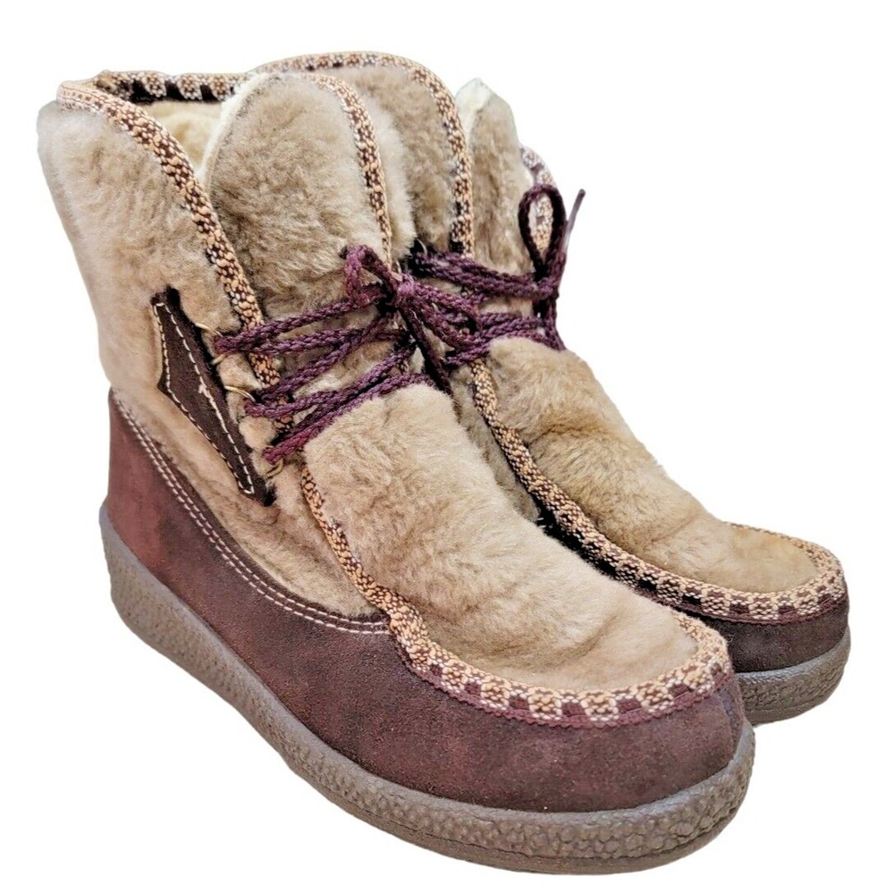 Quoddy Moccasins Women's Ankle Booties Brown Leather Faux Fur Sherpa Lined 8 M